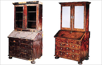 Before and after of the disaster furniture restoration of a Queen Anne secretaire.